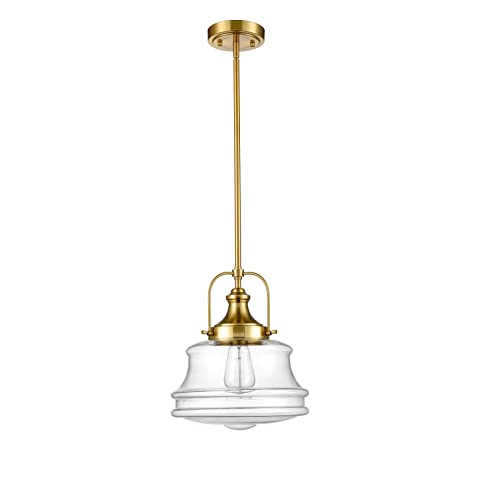 DEYNITE Modern Schoolhouse Pendant Light Brass Hanging Rod Kitchen Light - color: Gold, size: Clear Glass Shade