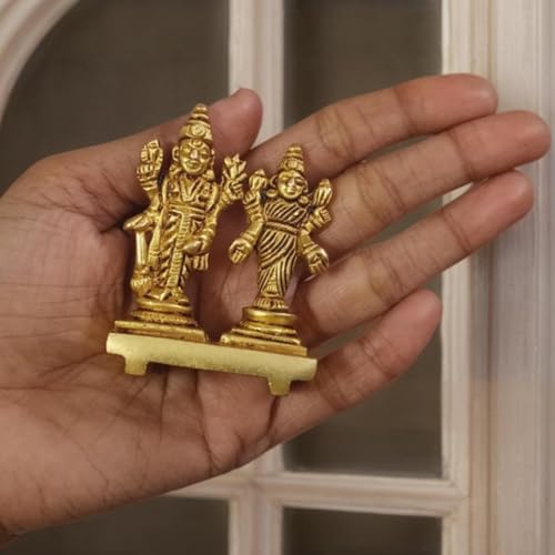 Brass Laxmi Vishnu Murti 2 Inch 100 Gram Mini Idol for Home Temple, Pooja Mandir, Hindu God Statue, Decorative Religious Figurine, Car Dashboard Idol, Spiritual Gift