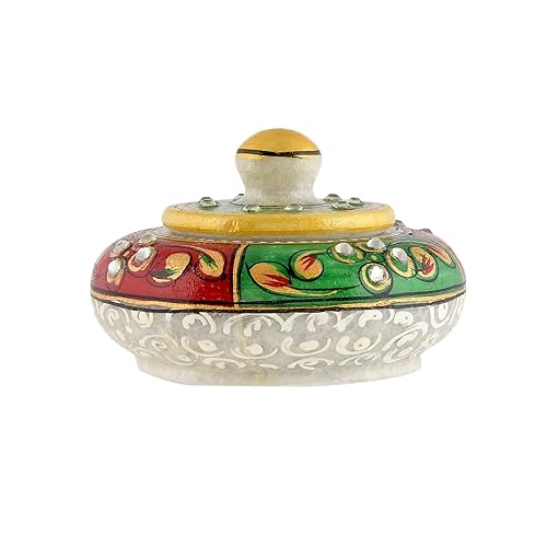 Marble Sindoor Dani, Kumkum Bharani Box (7.5 cm x 7.5 cm x 5 cm) Red Green - color: Red Green