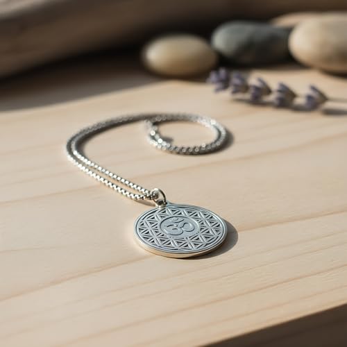 1" Stainless Steel Necklace Charms | Third Eye Vision | Peace Symbol | Finding Your Self | Yin & Yang | Moon Cat | Turtle Power | Flower of Life | | OM | Mystical Spiritual Protection, for Men & Women - style: OM Flowering Silver