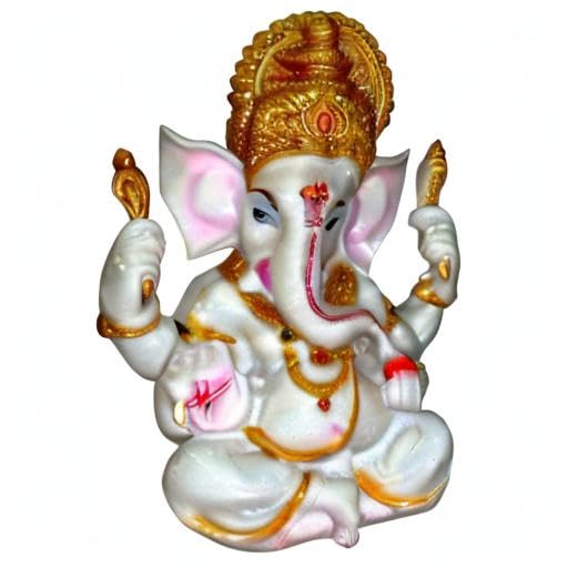 The Blessing. A White & Gold Statue of Lord Ganesh Ganpati Elephant Hindu God Made from Marble Powder