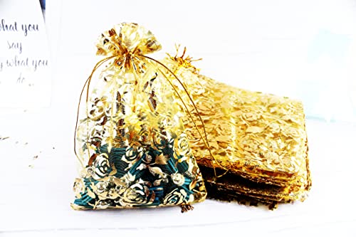 100 Pack 5 x 7 Inch Organza Jewelry Gift Pouch B381, Gold Flower - color: gold flower