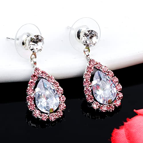 CIEHER 4/5 Pieces Women Jewelry Set - Rhinestone Crown + Drop Necklace + Elegant Bangle Bracelet + Crystal Teardrop Dangle Earrings for Bridal Wedding Party - color: Pink