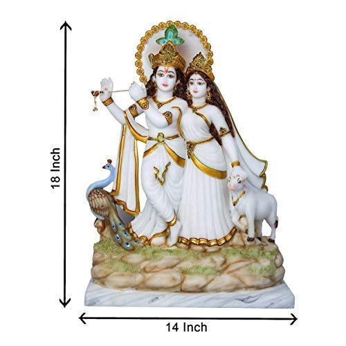 Lord Radha Krishna Marble Idol Krishna Statue Home Decor Spiritual Puja Vastu Showpiece Figurine-48 cm (White Gold)