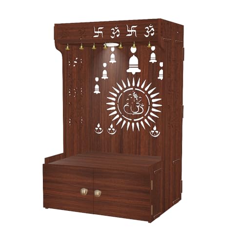 Divine Wooden Home Temple with Spacious Shelf & Inbuilt Focus Light, Temple for Home/Office Large Brown - color: Brown, size: Large