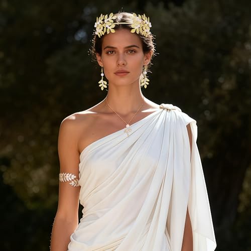 NICEIGHT 7Pcs Greek Goddess Costume Accessories for Women Gold Greek Leaf Crown Upper Arm Cuff Artificial Leaf Drop Earrings Necklace Golden Laurel Leaf Bridal Hair Comb for Wedding Cosplay Party - color: Gold-B