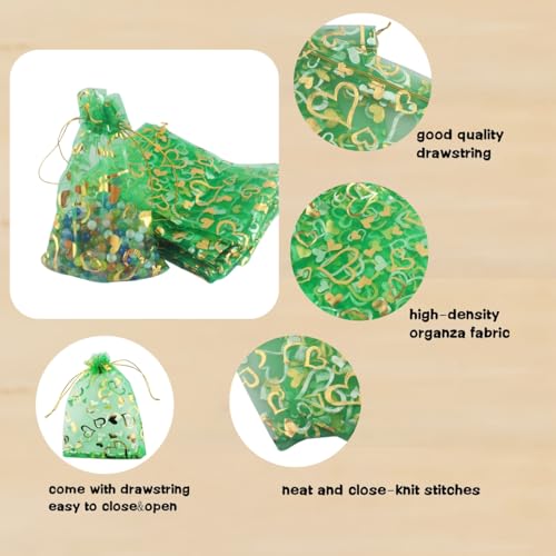 100 Pack 5 x 7 Inch Organza Jewelry Gift Pouch B381, Green Heart - color: green heart
