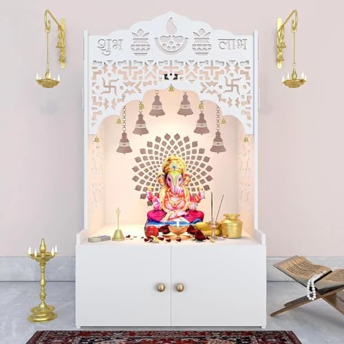 Wooden Home Temple with Built-in Storage Cabinet, White, Shubh Labh Design, Indoor Pooja Mandir