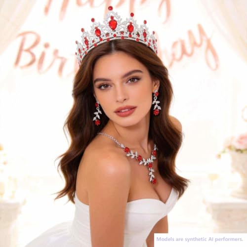 Kamirola Tiaras and Crowns for Women,Tiaras Earrings Necklace, Crystal Bridal Jewelry Set, Costume Party Halloween Prom Pageant Jewelry for Women(TR45) - color: Silver Red