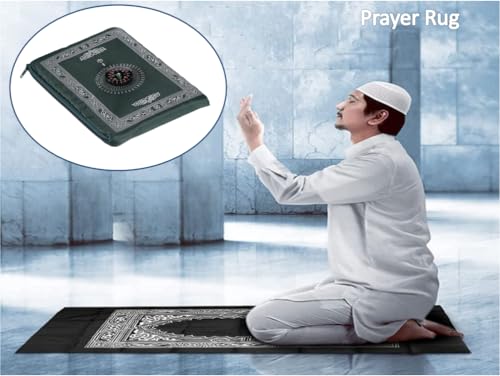 1 Piece Travel Prayer Mat with Compass,Muslim Prayer Carpet,with Compass Pocket Sized Carry Bag,Muslim Travel Prayer Mat and Attached Compass,Islamic Prayer Rug,Green