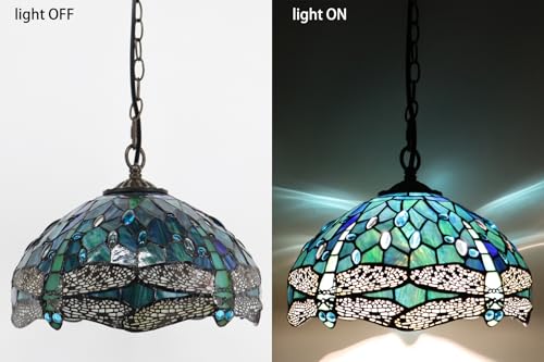 Tiffany Pendant Light Plug in 12 inches Stained Glass Hanging Lamp - color: Sea Blue Dragonfly Style
