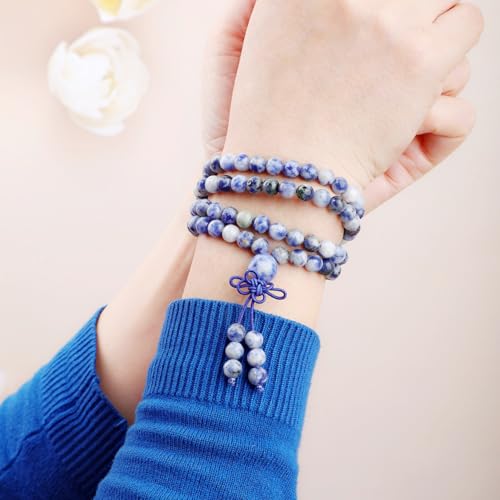 AD Beads 6mm 8mm 108 Prayer Mala Jasper Elastic Bracelet - Handmade Yoga Meditation Healing Power Energy Gifts for Unisex Adult. - color: Blue Spot Jasper(Creativity)