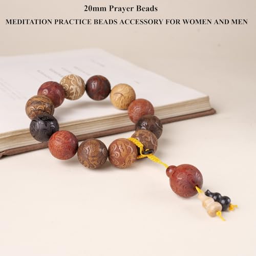 Pear Wood Buddha Beads Mala Bracelet Hand Carved Wooden Beads with Luminous Jade Lucky Charms Wealth Attracting Buddhist Prayer Bracelet for Men and Women Healing Energy Running Ring - color: Multicolor