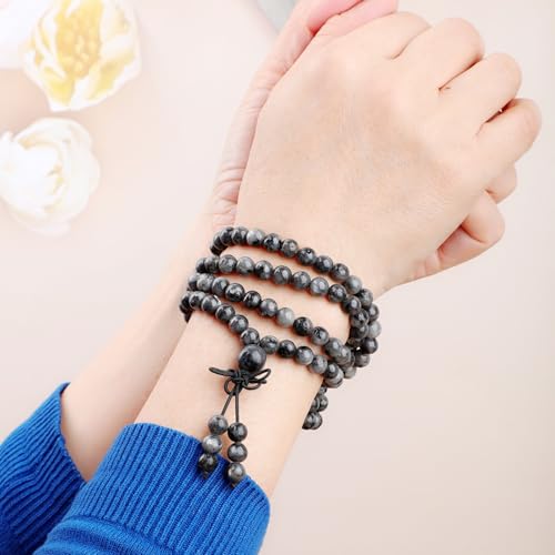 AD Beads 6mm 8mm 108 Prayer Mala Jasper Elastic Bracelet - Handmade Yoga Meditation Healing Power Energy Gifts for Unisex Adult. - color: Larvikite Labradorite(Balance )