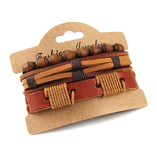 HZMAN Handmade Hemp Cords Wood Beads Leather Bracelets for Men Women - style: Wooden bead style 2
