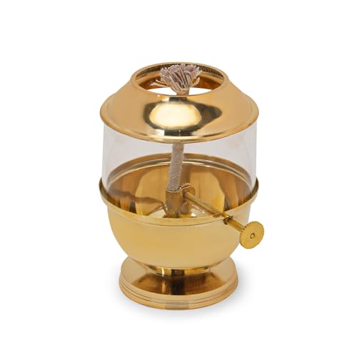 Pure Brass Akhand Jyot Diya with Borosilicate Glass Cover - Large Size Adjustable Wick Lever 250ml Oil Capacity 48-Hour Burn Time Authentic Oil Lamp for Prayer and Meditation - Gold - size: Large Without Plate