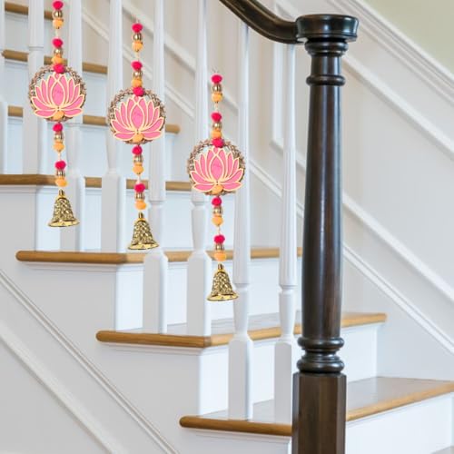 MDF & Plastic Lotus Hanging with Pom-Poms & Beads | Festive Door/Wall Decoration for Diwali, Navratri, Weddings & Home Décor (Pack of 4)