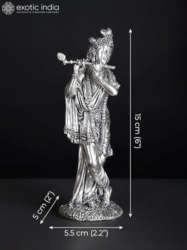 Exotic India Superfine Silver-Plated Lord Krishna Brass Statue | Kanha Ji Playing Flute Idol for Pooja Home Temple Murti Gifts - size: 6 Inch