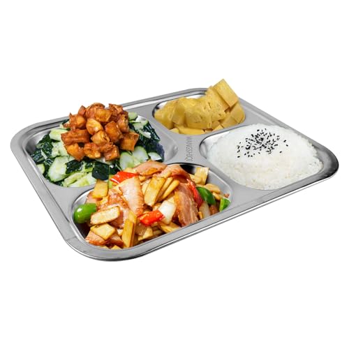 Stainless Steel Divided Plates,2 Pack Stainless Steel Rectangular Divided Plates Tray, 4 Sections Dinner Plates for Adults,Picky Eaters, Campers, and Portion Control (2, 4 divided) - size: 4 divided