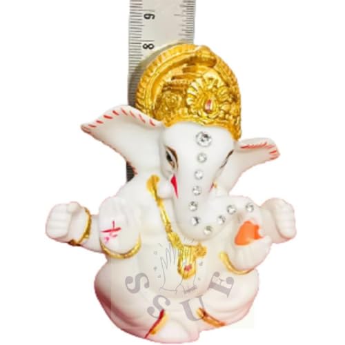 3" White Lord Ganesh/Ganesha Ganpati Bappa Idol Religious Figurine Murti Statue Puja Collections Diwali Decor Meditation Room Mandir Temple Pooja for Car/Vehicle Dashboard Gifts