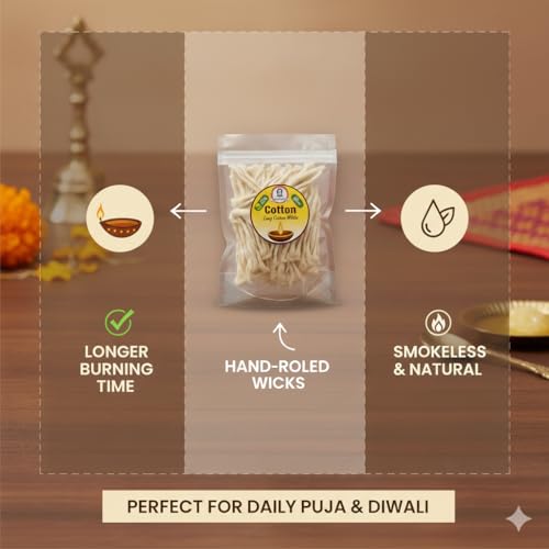 Puja Cotton Wicks for Oil Lamp | Long Jyot Bati for Akhand Diya | Religious & Diwali Lighting | Premium Cotton Diya Wicks (Long)