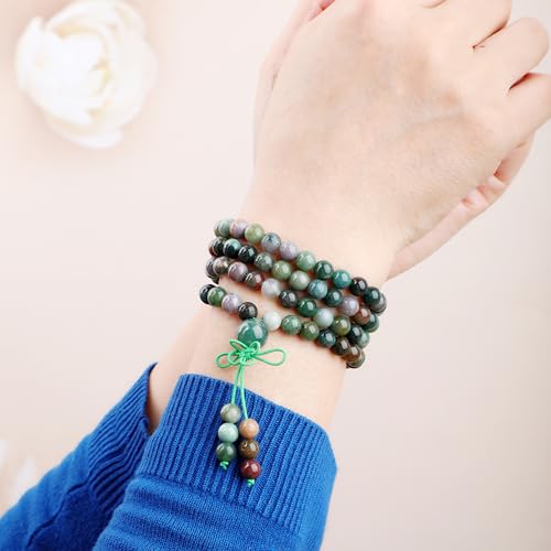 AD Beads 6mm 8mm 108 Prayer Mala Jasper Elastic Bracelet - Handmade Yoga Meditation Healing Power Energy Gifts for Unisex Adult. - color: India Agate(Peaceful)
