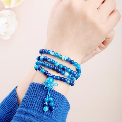 AD Beads 6mm 8mm 108 Prayer Mala Jasper Elastic Bracelet - Handmade Yoga Meditation Healing Power Energy Gifts for Unisex Adult. - color: Blue Stripe Agate(Soothing)