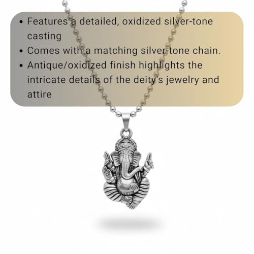 Oxidised Silver Tone Lord Ganesha Ganpati Vighnaharta Spiritual Pendant Necklace for Men Women