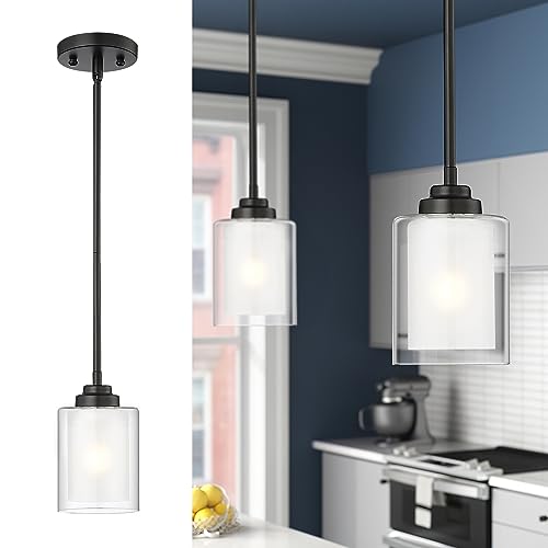 TENGXIN Matte Black Pendant Lights Kitchen Island, Dual Glass Shade - color: Matte Black, Dual Glass, size: 4"