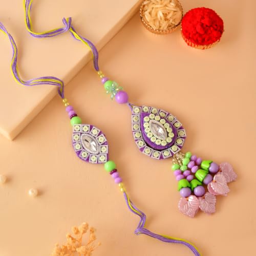 Premium Designer Bhaiya Bhabhi Rakhi Set with Lumba, Greeting Card, Roli Chawal & Fridge Magnet - color: Design-6