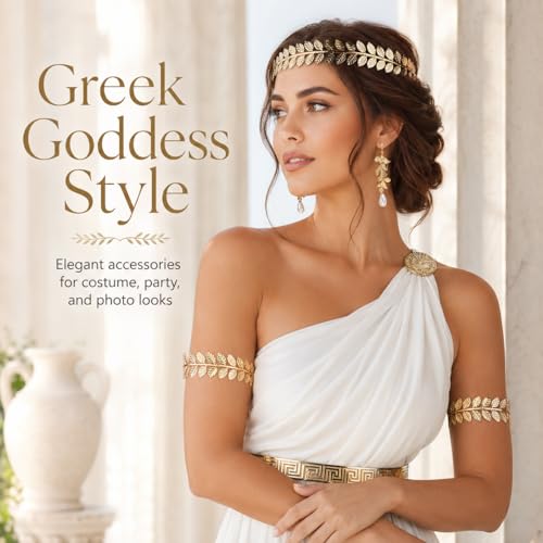 5PCS Greek Goddess Costume Accessories Set Gold Headband Laurel Wreath Headpiece with Armband and Earrings Toga Costume Woman Leaf Crown for Wedding Halloween Roman Toga Party
