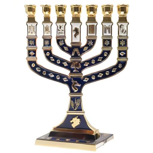 Jerusalem Blue Enamel 7 Branch Menorah 10.8" high, with 12 Tribes of Israel, Candlestick Candle Holders (10.8 inch) - color: Golden Blue