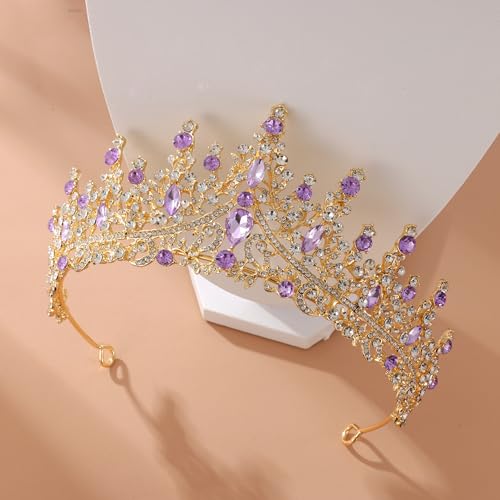 Kamirola Tiaras and Crowns for Women,Tiaras Earrings Necklace, Crystal Bridal Jewelry Set (TR48) - color: Gold Purple