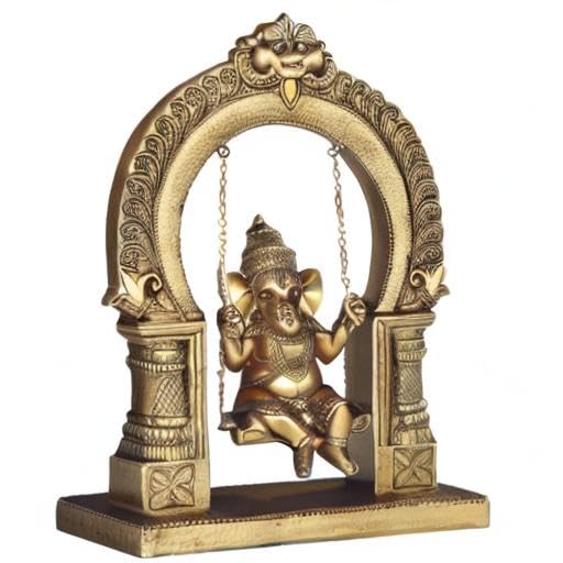 ICE Armor 10" H Brass Ganesha on Swing Statue Feng Shui Decoration Religious Figurine Office Desk/Home/Living Room/Table Decor, Perfect House Warming Gifts for New Home