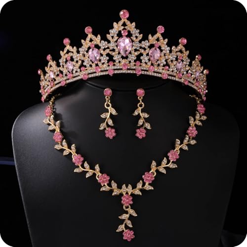 Kamirola Tiaras and Crowns for Women,Tiaras Earrings Necklace, Crystal Bridal Jewelry Set, Costume Party Halloween Prom Pageant Jewelry for Women(TR45) - color: Gold Pink