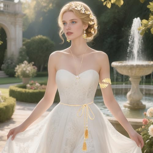 9 Pcs Greek Goddess Accessories for Women Golden Roman Laurel Leaf Crown Headband Upper Arm Cuff Bracelet Pearl Drop Earrings Necklace Toga Waist Belt Toga Costume Jewelry for Bridal Bridesmaid Wedding Party - style: Classic