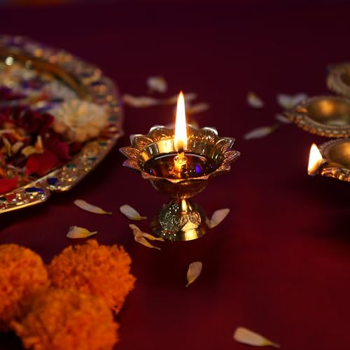 Brass Lotus Akand Diya – Traditional Indian Golden Oil Lamp for Diwali Pooja & Home Temple Decoration, Handmade Engraved Virgin Brass Metal for Thanksgiving & Festivals – (Pack of 1) - size: Large (Pack of 1)
