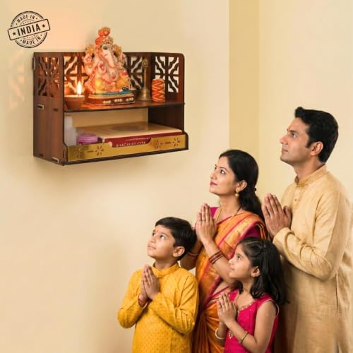 Compact Wooden Pooja Mandir for Home & Office | Small Table Top & Wall Mounted Wooden Temple Stand with Golden Acrylic Elegance | Devghar (H-8 x L-12 x W-5.5 Inch)