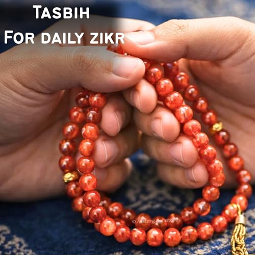 Amazing Gemstone Crystal Tasbeeh with Moon and Star Charm - Certified Crystal Muslim Prayer Beads Natural Gemstone Tasbih Gift for Ramadan Dhikr and Daily Namaz (G) - color: Red Banded Agate