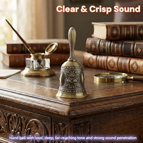 Vintage Hand Bell, Bronze Metal with 3D Rose Embossed Design, Ergonomic Handle, Loud Clear Tone, for Dinner, Wedding, Classroom, Meditation, 4.53 Inch