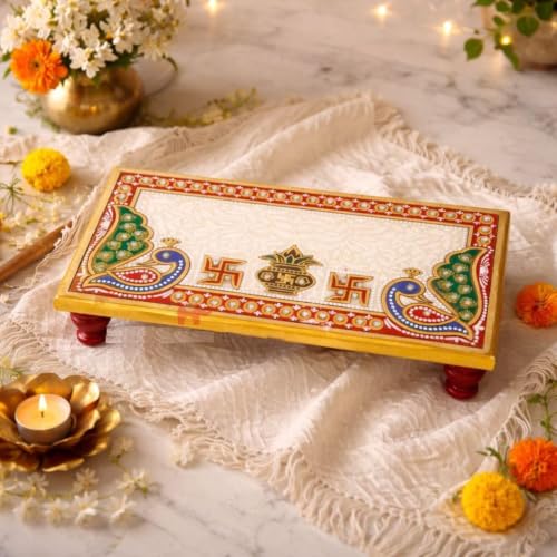 (4 x 8 inch) Marble Pooja Chowki Peacock Motif for Mandir Bajot for God, Home Mandir, Idols Statues Pratima, Home Décor Showpiece