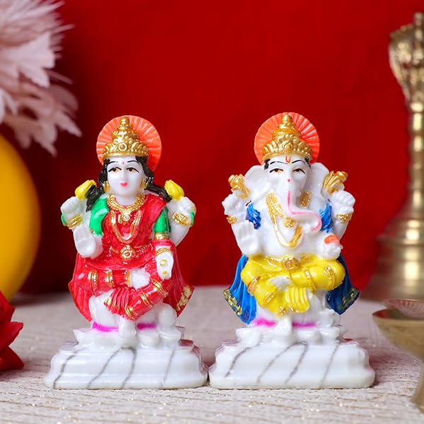Divine Laxmi-Ganesh Marble Idol – Multicolor 3.5 Inch Home Decor Statue