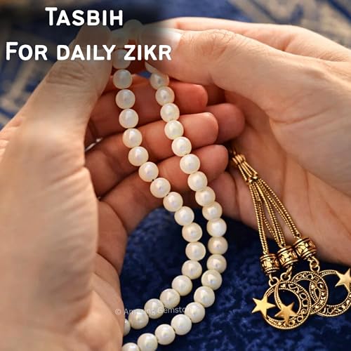 Amazing Gemstone Crystal Tasbeeh with Moon and Star Charm - Certified Crystal Muslim Prayer Beads Natural Gemstone Tasbih Gift for Ramadan Dhikr and Daily Namaz (G) - color: Mother of Pearl