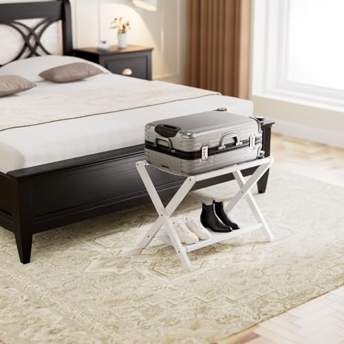 HITNET White Luggage Rack, Folding Suitcase Stand, Bamboo Luggage Holder with Storage for Guest Room Bedroom Hotel - color: White