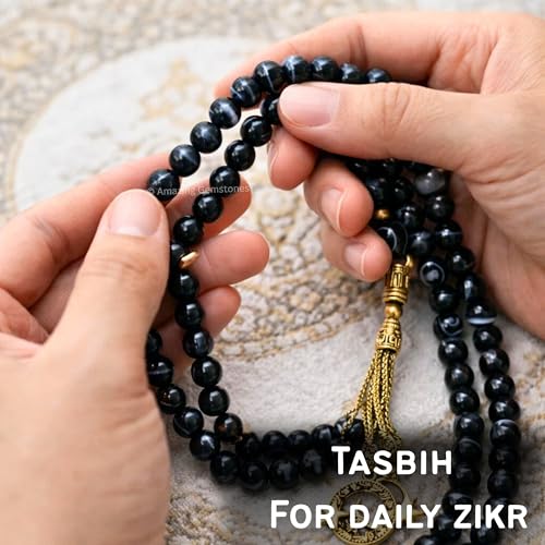 Amazing Gemstone Crystal Tasbeeh with Moon and Star Charm - Certified Crystal Muslim Prayer Beads Natural Gemstone Tasbih Gift for Ramadan Dhikr and Daily Namaz (G) - color: Black Banded Agate