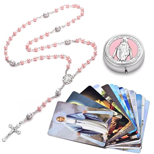 Rosary for Women with Case and 18pcs Prayer Cards, First Communion Gifts for Girls, Glass Pearl Beads and Virgin Mary Medal, Catholic Gifts - color: Pink