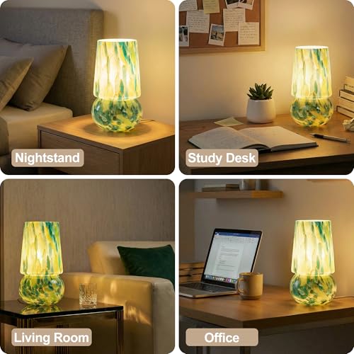 9.8″ Mushroom Glass Table Lamp, Dimmable Modern Beside Lamp, Emerald Teal - color: Emerald Teal