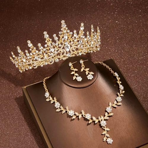 Kamirola Tiaras and Crowns for Women,Tiaras Earrings Necklace, Crystal Bridal Jewelry Set (TR48) - color: Gold White