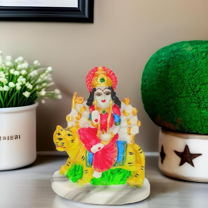 Hindu Goddess Durga Idol with Lion – 4 Inch Polyresin Religious Home Décor Statue for Pooja Room, Temple, Office & Gift