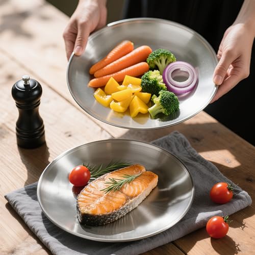 10-inch Stainless Steel Plates Set,Each Plate Weighs 0.63-lb,Set of 8 Camping Food Tray, Reusable,Dishwasher & Oven Safe